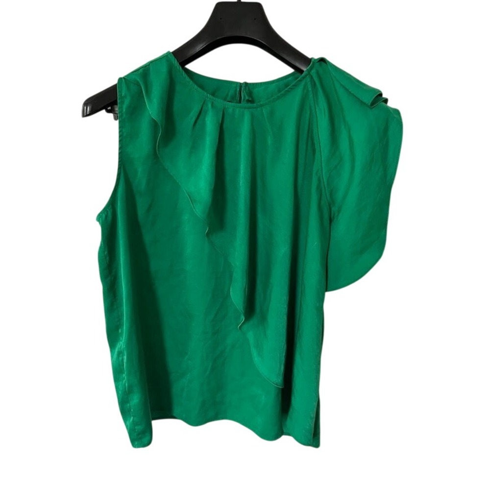 Mango Emerald Green Asymmetrical Ruffle Sleeveless Satin Blouse Top Size Medium